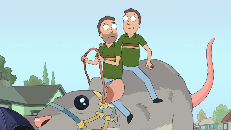 Jerry and Mooch riding a giant mouse during their escape